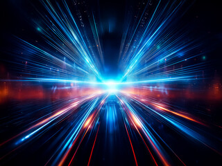 Obraz premium Intense blue light streaks radiate from a central point, creating a dynamic, high-speed visual effect against a black background. The image evokes feelings of motion, energy, and cosmic vastness.