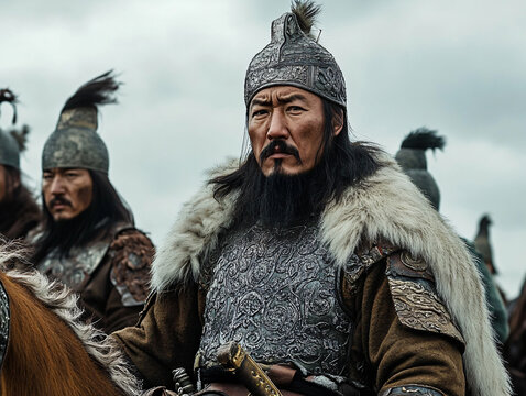 Mongol warrior historical leader fur armor intense gaze battle ready ancient warrior empire history rugged terrain medieval commander mounted cavalry strategic conquest warrior culture historic figure