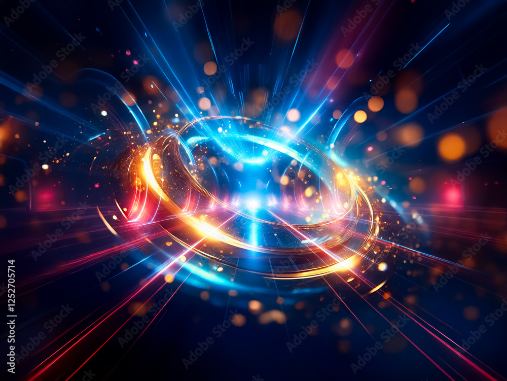 Poster Glowing golden and blue rings float in a dark space, surrounded by sparkling particles.  The concentric circles create a mesmerizing, futuristic effect.