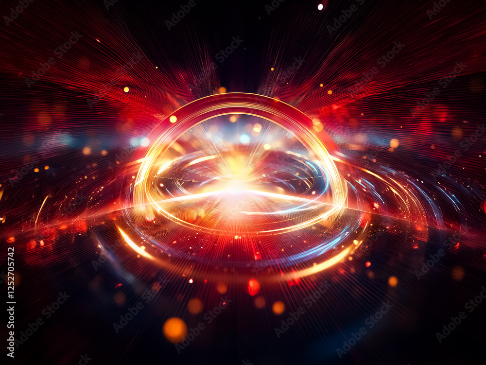 Poster glowing rings of light and energy pulse outwards, creating concentric circles of blue and gold light
