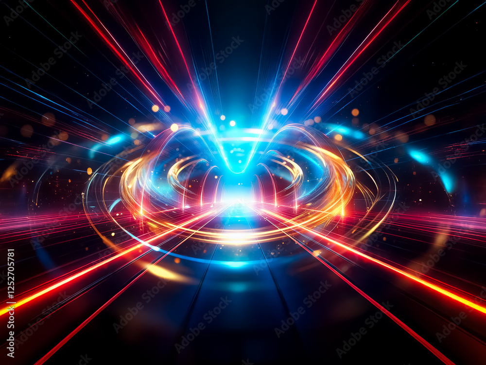 Aufkleber abstract glowing light in blue and orange radiates from center, with red and blue lines on dark back