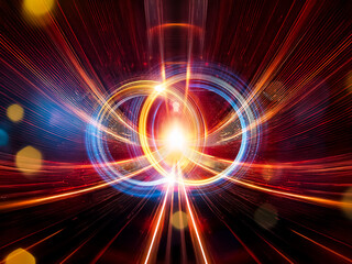Obraz premium A vibrant abstract composition features a luminous central core, radiating beams of light and encircled by glowing rings, in a dynamic and futuristic style.