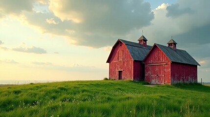 Serene Sunset Landscape Featuring Two Rustic Red Barns on a Verdant Hill
