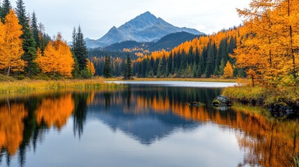 Obraz premium Autumn lake reflecting mountain, golden trees