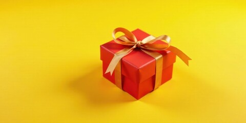 Obraz premium A vibrant red gift box with a golden ribbon, a delightful present on a sunny yellow background, symbolizing joy and celebration.