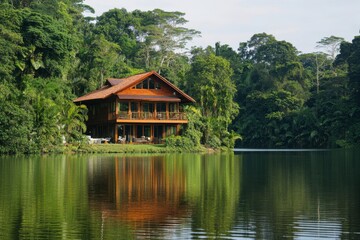 Obraz premium Cozy log cabin by the serene lake surrounded by lush evergreens during a calm afternoon
