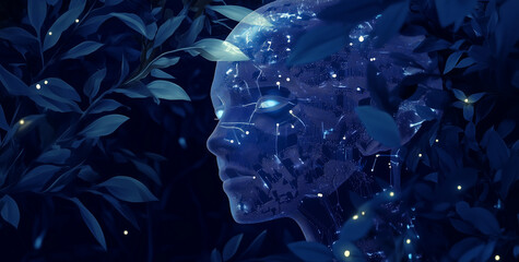 Artificial Intelligence Concept, Human Head with Digital Cyborg's Face and Futuristic Tech Background.