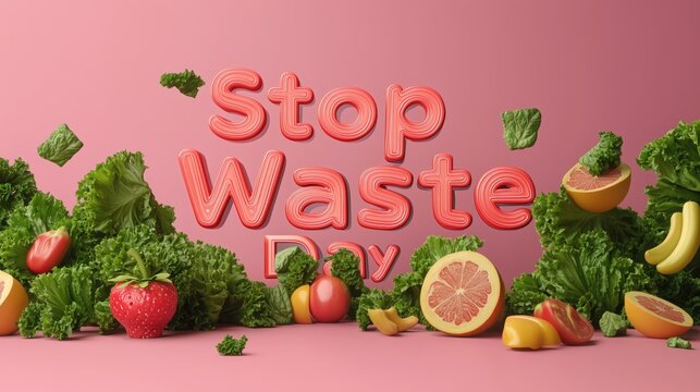 Stop waste day: fruits and vegetables against pink background highlighting awareness - Powered by Adobe