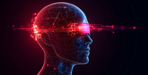 Artificial Intelligence Concept, Human Head with Digital Cyborg's Face and Futuristic Tech Background.