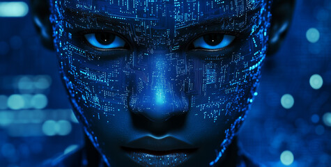 Artificial Intelligence Concept, Human Head with Digital Cyborg's Face and Futuristic Tech Background.