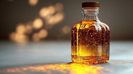 Golden liquid in bottle, sunlight bokeh, table