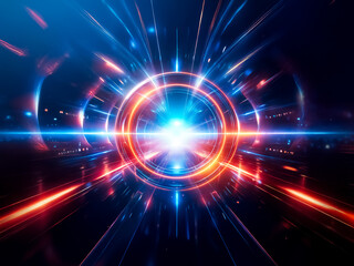 Obraz premium Vibrant abstract image of a light tunnel. Glowing blue and orange lines converge at a bright center, creating a sense of energy and speed.
