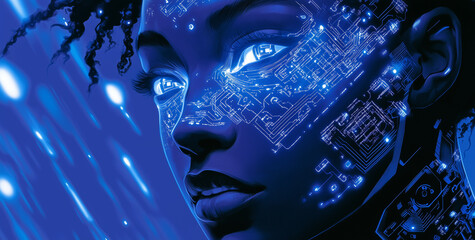 Artificial Intelligence Concept, Human Head with Digital Cyborg's Face and Futuristic Tech Background.