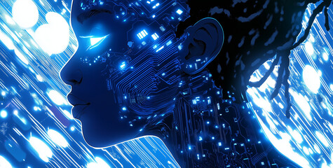 Artificial Intelligence Concept, Human Head with Digital Cyborg's Face and Futuristic Tech Background.