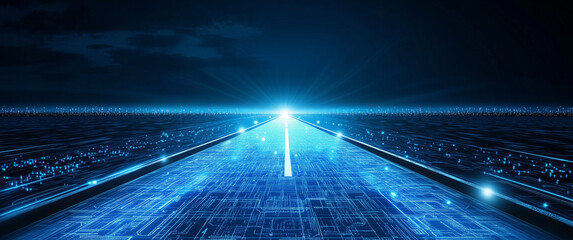Blue technological background, a perspective road in the center of the picture with light effects and light lines on both sides. In the foreground is an empty blue field with geometric patterns at its