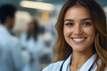 Fototapeta premium Smiling healthcare professional engages with colleagues in modern clinical environment
