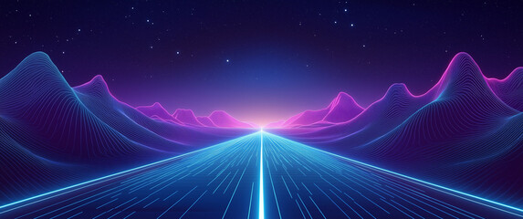 Blue technological background, a perspective road in the center of the picture with light effects and light lines on both sides. In the foreground is an empty blue field with geometric patterns at its