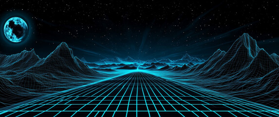 Blue technological background, a perspective road in the center of the picture with light effects and light lines on both sides. In the foreground is an empty blue field with geometric patterns at its