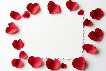 Rose petal hearts frame a blank white textured card