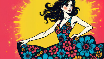 Colorful digital illustration of a woman in a floral dress