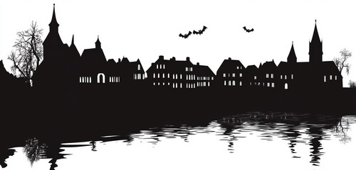Naklejka premium Nighttime riverside gothic town silhouette with bats