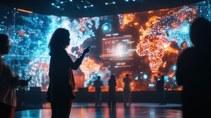 Global Data Visualization: A Woman Interacts with a Futuristic World Map Display