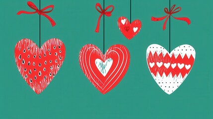 Three Textured Hearts Hanging With Bows On Teal Background