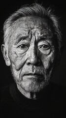 Obraz premium Elderly man with deep wrinkles and expressive eyes poses for a striking portrait in a dimly lit studio setting