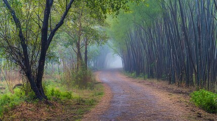 Fototapeta premium Misty path through a bamboo forest leading to an unknown destination at the end of the road
