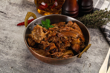Shredded slow cooked pork meat