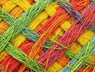 vibrant woven fabric with interlaced colorful threads in crisscross pattern for artistic and creative textile design