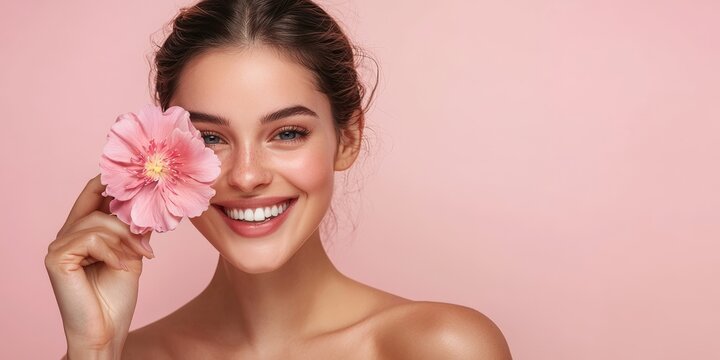 a beautiful woman holding a pink flower in front of her face - beauty portrait