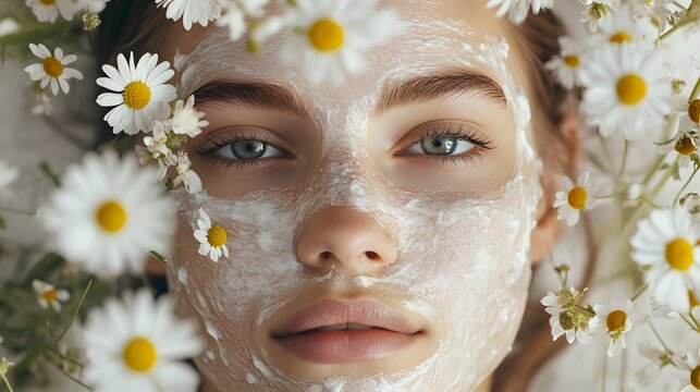 A calming sensitive skin facial treatment with soothing ingredients like chamomile and aloe vera The client is shown with a gentle mask applied to her face - Powered by Adobe