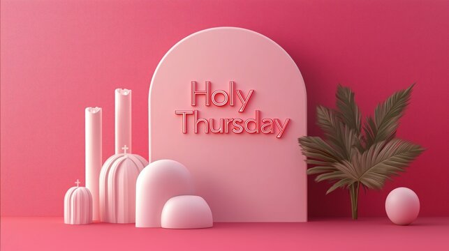 Holy thursday celebration with decorative arch and candles on pink background