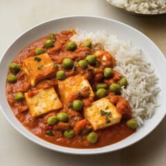 Fototapeta premium Delicious vegetarian dish with paneer and peas served with fluffy rice.
