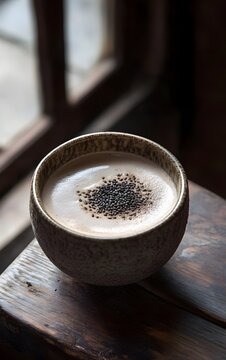 A unique black sesame latte with a smooth in a beautifully crafted bowl, resting on a wooden table, surrounded by natural light.