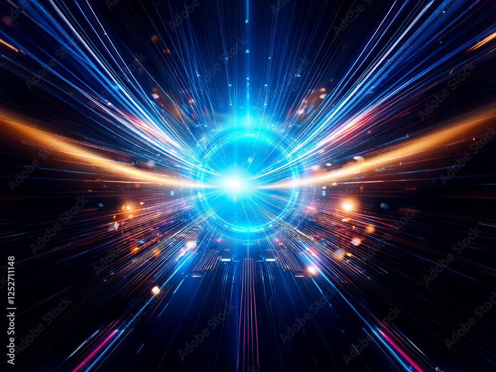 Poster A vibrant burst of blue and orange light emanates from a central point, creating streaks of energy expanding outwards on a dark backdrop.  Illuminating and dynamic visual.