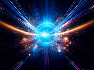 Fototapeta premium A vibrant burst of blue and orange light emanates from a central point, creating streaks of energy expanding outwards on a dark backdrop. Illuminating and dynamic visual.