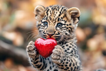 Obraz premium Leopard - my cherished animal. Cute leopard baby with diamond red heart on in a natural habitat. Commercial animal visual concept art. Valentineâ€™s day animal portrait. Loving animals.