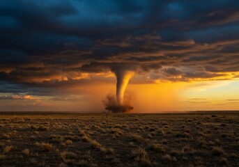 Dramatic Tornado Forming Over Plains with Stormy Sunset Skies