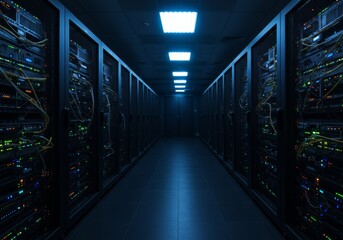Skilled Technician Working on Server Racks in a Data Center