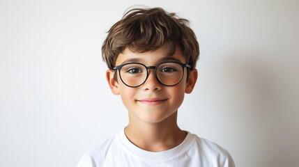 Fototapeta premium A happy young boy wearing glasses and a white shirt, on a white background.