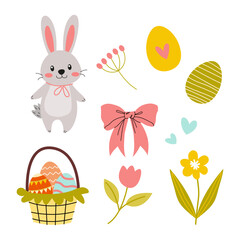 Cute bunny surrounded by Easter decorations including flowers, eggs, and a basket during spring celebration