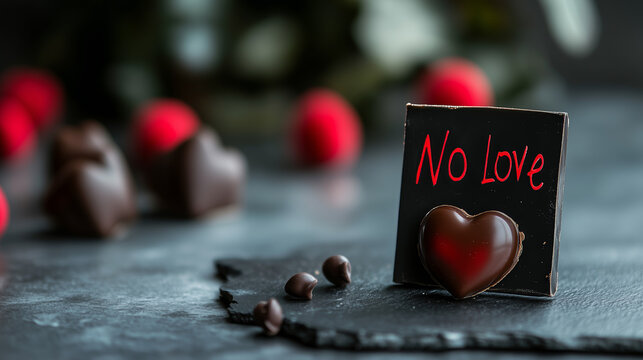 Heart-shaped chocolate candies with "No Love" message on blackboard, celebrating Valentine's Day with a playful twist, gift idea for single individuals, isolated black background, red decoration