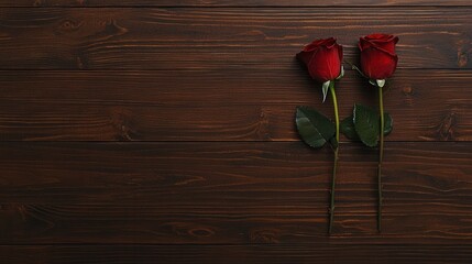 Two Red Roses On Dark Wooden Background