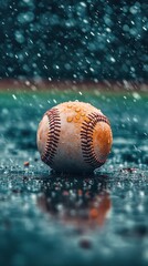 Baseball resting on wet ground during rain shower in an outdoor setting