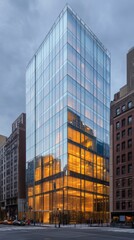 Modern glass building reflecting city lights at dusk in an urban environment