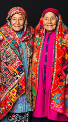 Fototapeta premium Moroccan elderly twin women traditional djellaba tar historical attire cultural heritage textiles patterns warm portrait artistic beauty duo love folk bond charm family rich travel unity model
