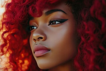 Portrait of a young woman with vibrant red curly hair and captivating green eyes smiling warmly