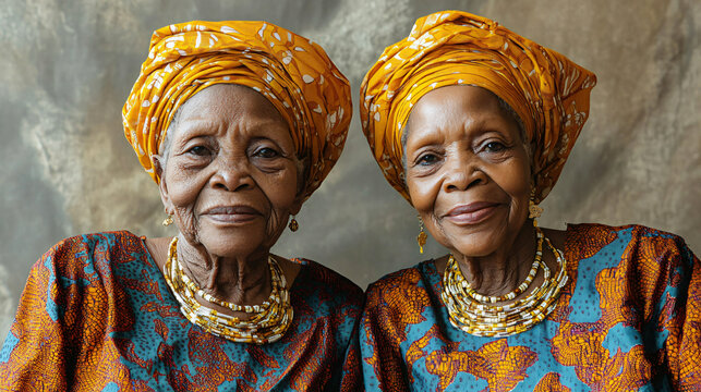 Nigerian elderly twin women traditional agbada gele cultural attire regal intricate embroidery rich heritage portrait unity African beauty pride travel folk family bond duo love exotic noble fabric